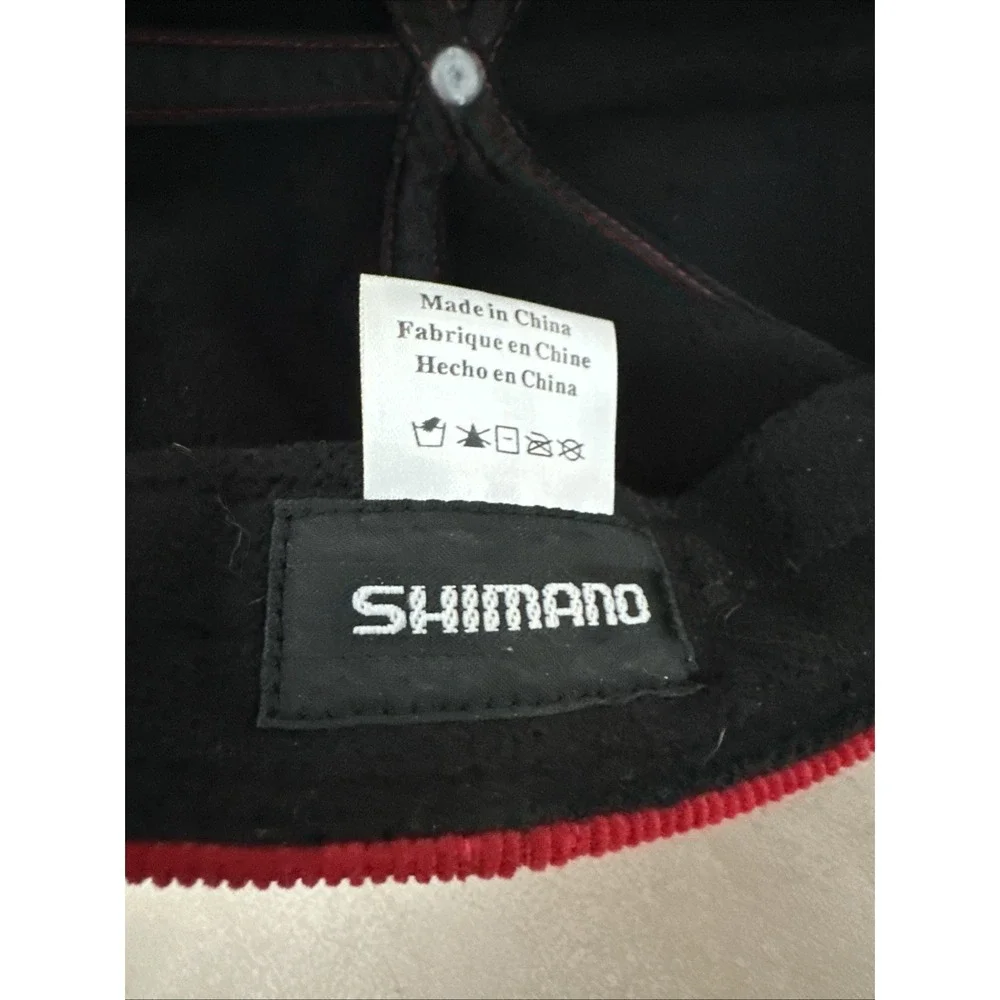 Vintage Shimano Fishing Cotton Red Black Corduroy Spell Out Front & Back Cap Hat